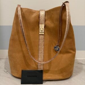 Brahmin Unique Tan Hobo Bucket Bag Metallic Trim With Authentication Card